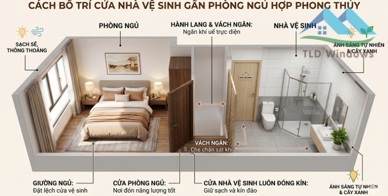 Cách bố trí cửa nhà vệ sinh gần phòng ngủ hợp phong thủy