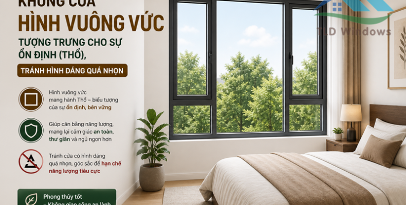 Khung cửa hình vuông vức tượng trưng cho sự ổn định (Thổ), tránh hình dáng quá nhọn